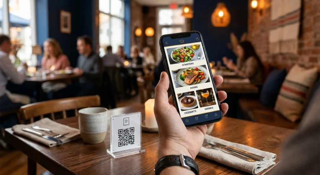 اسکن کد QR منوی دیجیتال روی میز رستوران با گوشی